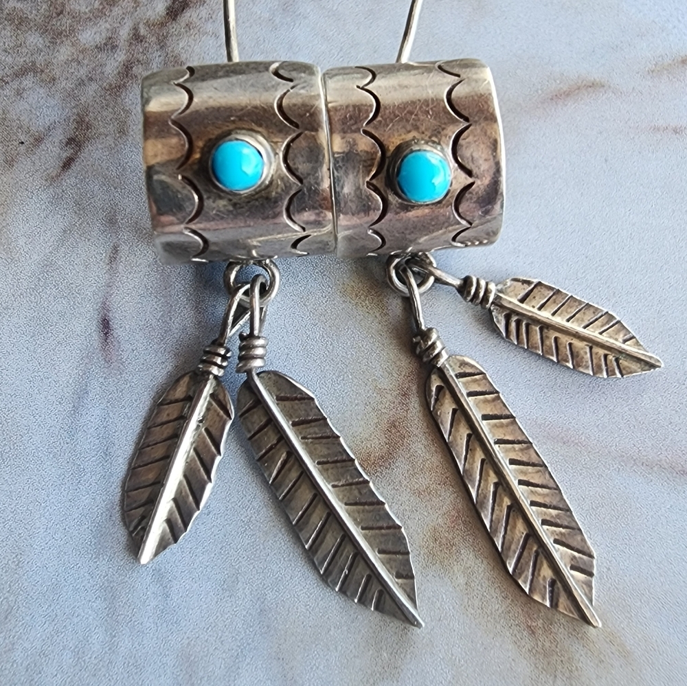 Silver Feather Earrings with Turquoise Accents (Native Made)